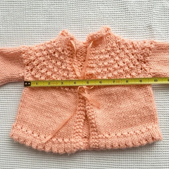 Baby Handmade Knit Sweater with Ribbon Tie. Peach - Size 3-6m - Picture 9 of 10